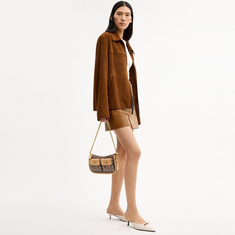 Coach Twin Turnlock Waverly Bag In Signature Jacquard Brass Khaki Light Peach