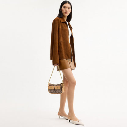 Coach Twin Turnlock Waverly Bag In Signature Jacquard Brass Khaki Light Peach