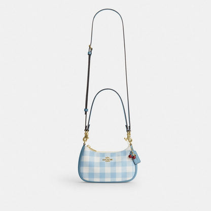 Coach Teri Mini Crossbody Bag With Gingham Print And Charm Gold Blue Multi