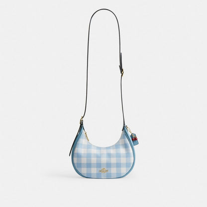 Coach Emily Shoulder Bag With Gingham Print And Charm Gold Blue Multi