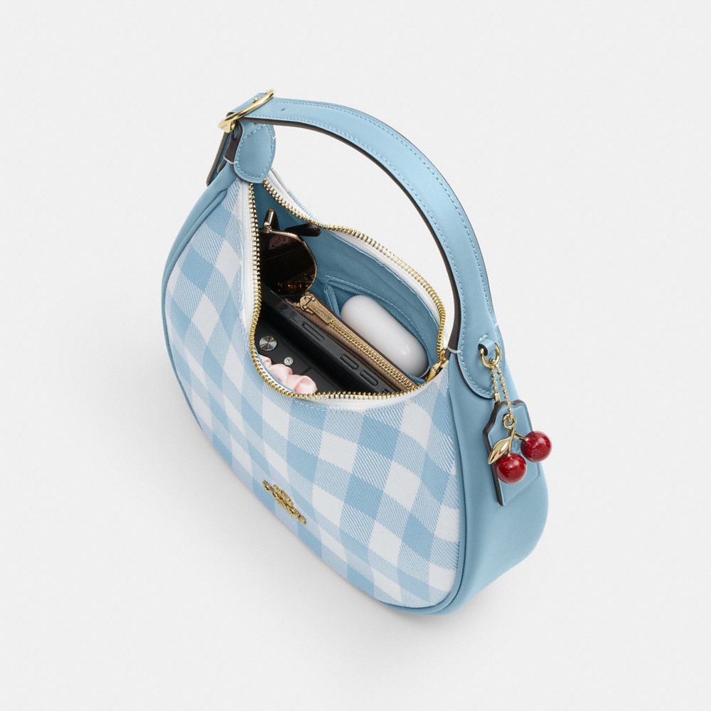 Coach Emily Shoulder Bag With Gingham Print And Charm Gold Blue Multi