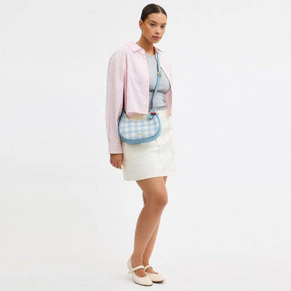Coach Emily Shoulder Bag With Gingham Print And Charm Gold Blue Multi