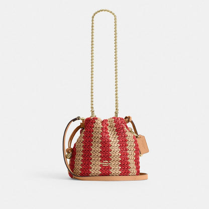 Coach Faye Mini Drawstring Bag With Stripes Gold Red Tan