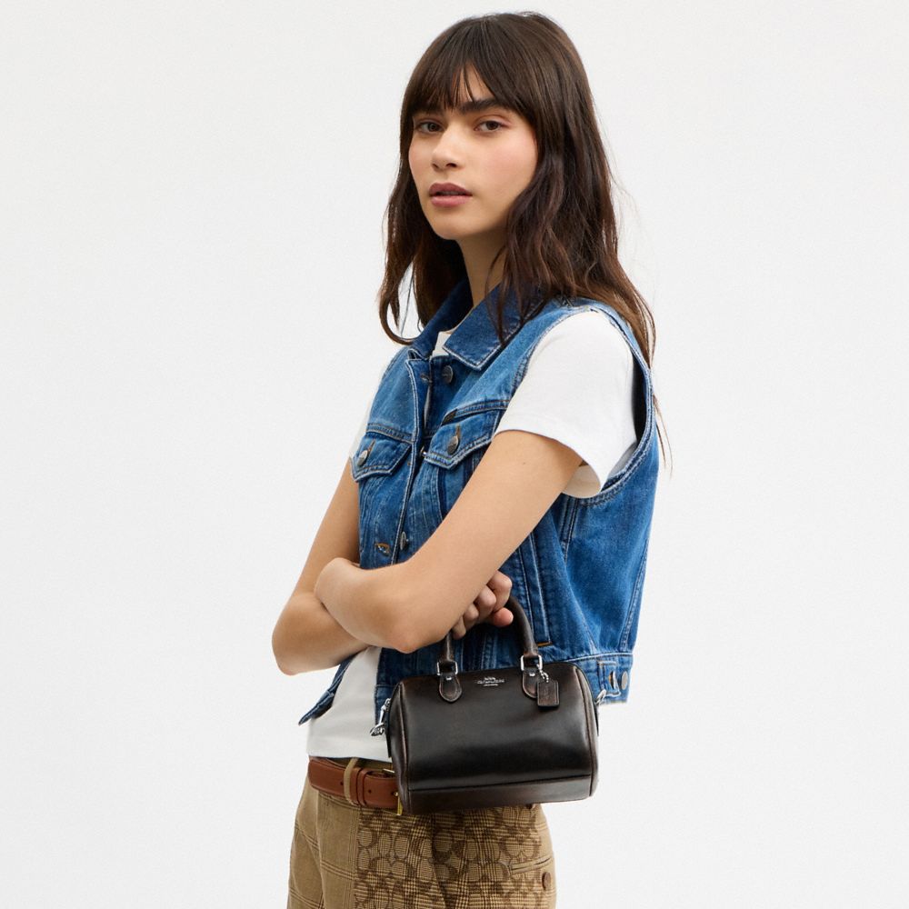 Coach Mini Rowan Crossbody Bag In Loved Leather Silver/Black Brown