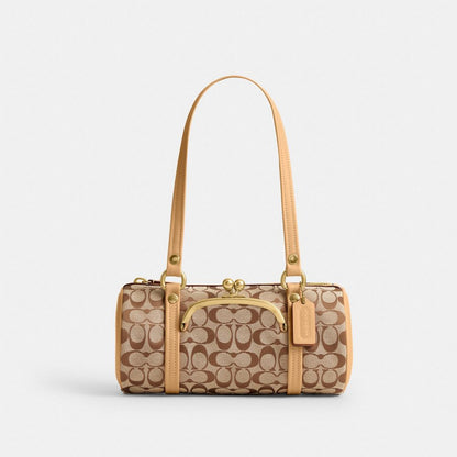 Coach Kisslock Barrel Bag 28 In Signature Jacquard Brass/Khaki Light Peach