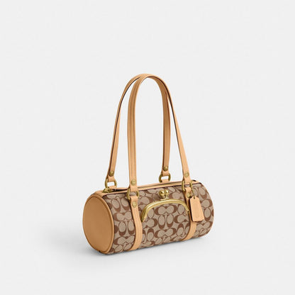 Coach Kisslock Barrel Bag 28 In Signature Jacquard Brass/Khaki Light Peach