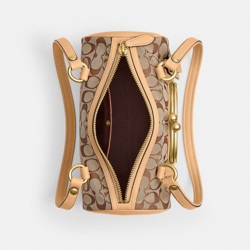 Coach Kisslock Barrel Bag 28 In Signature Jacquard Brass/Khaki Light Peach
