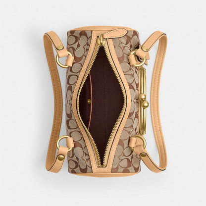 Coach Kisslock Barrel Bag 28 In Signature Jacquard Brass/Khaki Light Peach