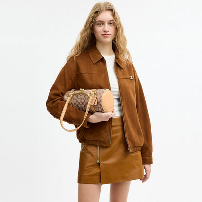 Coach Kisslock Barrel Bag 28 In Signature Jacquard Brass/Khaki Light Peach