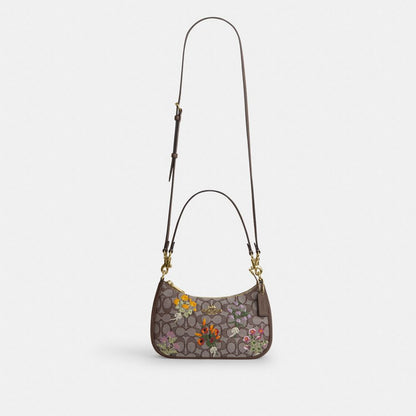 Coach Teri Shoulder Bag In Signature Jacquard With Floral Embroidery Gold Oak Multi
