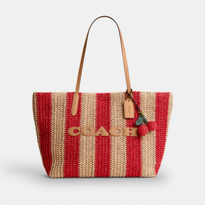 Coach City Tote Bag With Stripes And Charm Gold Red Tan