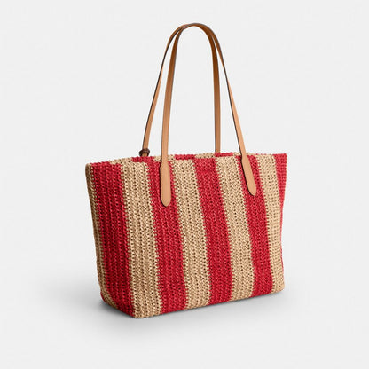 Coach City Tote Bag With Stripes And Charm Gold Red Tan