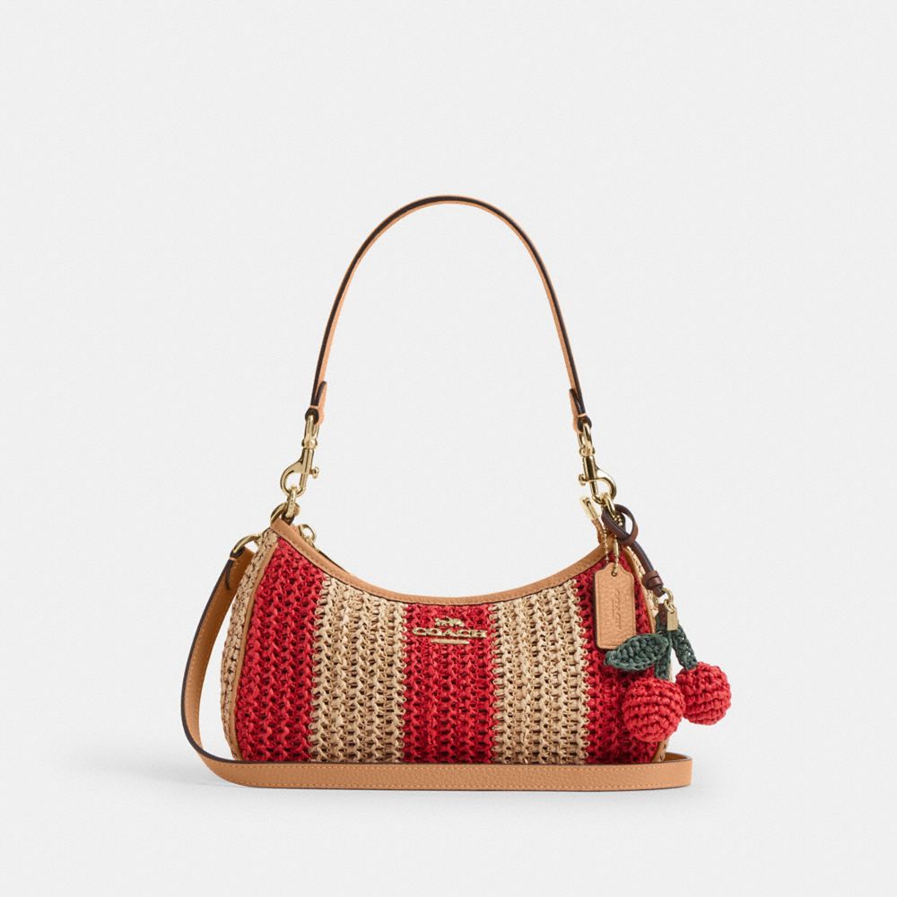 Coach Teri Shoulder Bag With Stripes And Charm Gold Red Tan
