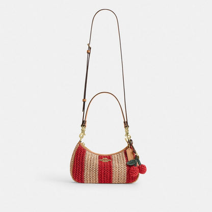 Coach Teri Shoulder Bag With Stripes And Charm Gold Red Tan