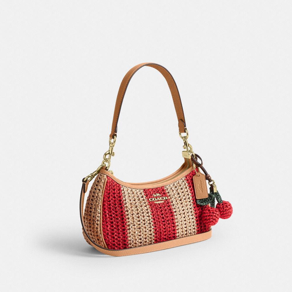 Coach Teri Shoulder Bag With Stripes And Charm Gold Red Tan