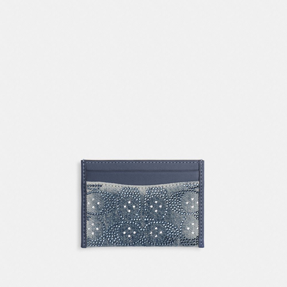 Coach Essential Card Case In Regenerative Cotton Denim With Crystal Signature Brass/Denim
