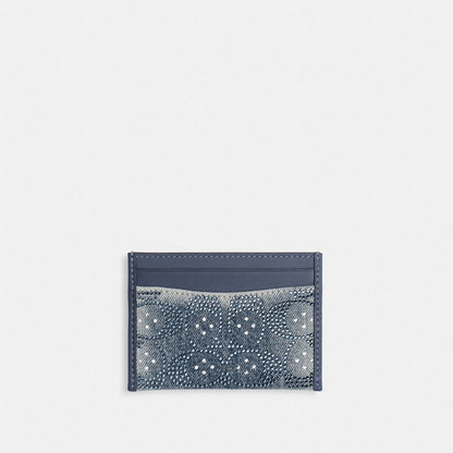 Coach Essential Card Case In Regenerative Cotton Denim With Crystal Signature Brass/Denim