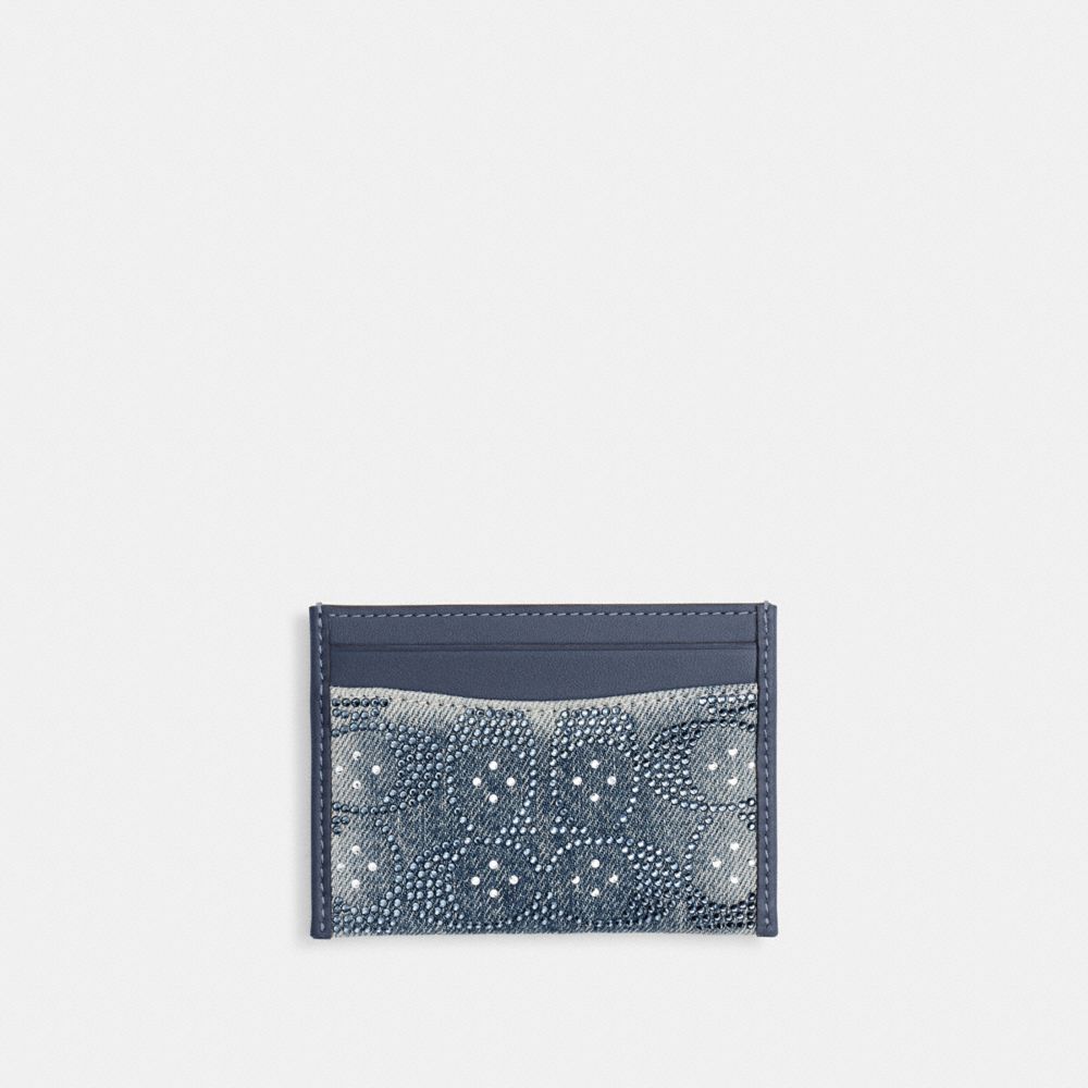 Coach Essential Card Case In Regenerative Cotton Denim With Crystal Signature Brass/Denim