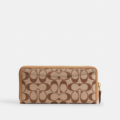 Coach Essential Slim Accordion Zip Wallet In Signature Jacquard Brass Khaki Light Peach