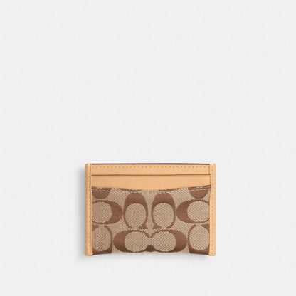 Coach Essential Card Case In Signature Jacquard Brass Khaki Light Peach
