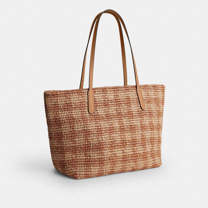Coach City Tote Bag With Gingham Print Gold Tan