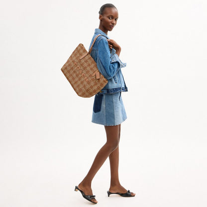 Coach City Tote Bag With Gingham Print Gold Tan