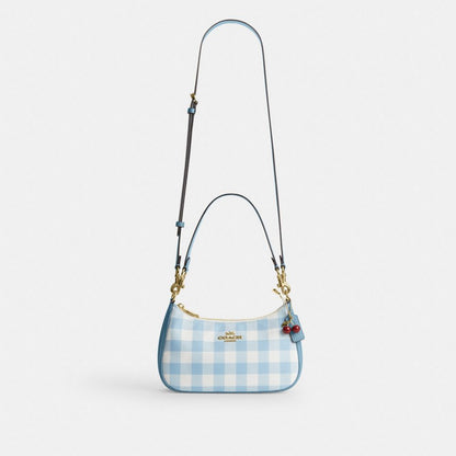 Coach Teri Shoulder Bag With Gingham Print And Charm Gold Blue Multi