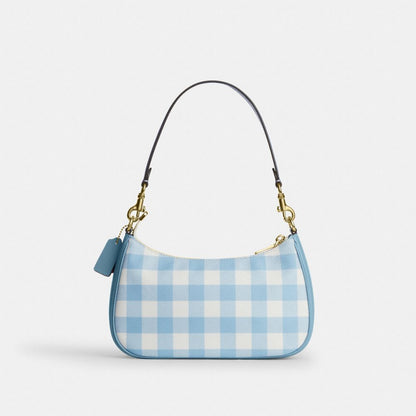 Coach Teri Shoulder Bag With Gingham Print And Charm Gold Blue Multi