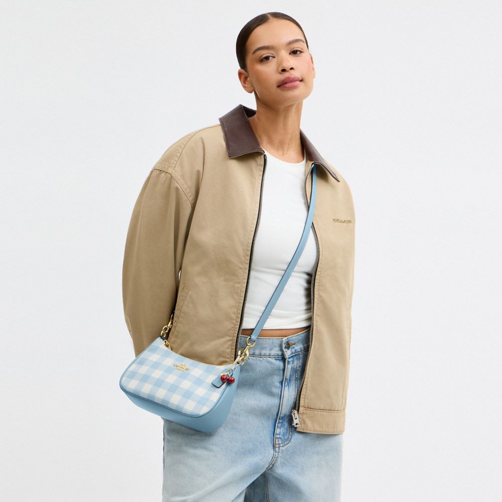Coach Teri Shoulder Bag With Gingham Print And Charm Gold Blue Multi