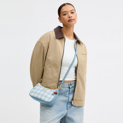 Coach Teri Shoulder Bag With Gingham Print And Charm Gold Blue Multi