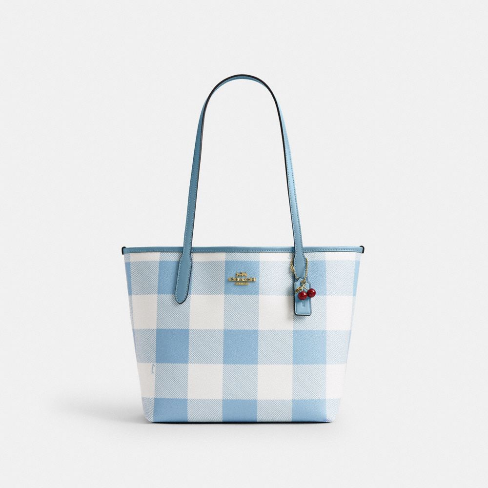 Coach Medium City Tote Bag With Gingham Print And Charm Gold Blue Multi