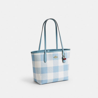 Coach Medium City Tote Bag With Gingham Print And Charm Gold Blue Multi