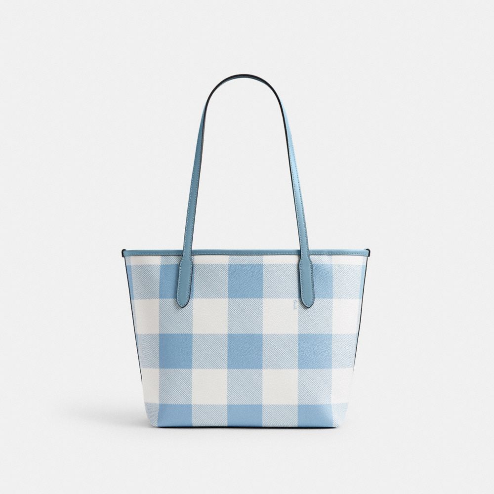 Coach Medium City Tote Bag With Gingham Print And Charm Gold Blue Multi