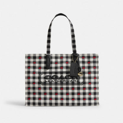 Coach Tote Bag With Gingham Print Gold Black Multi