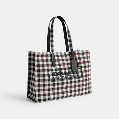 Coach Tote Bag With Gingham Print Gold Black Multi