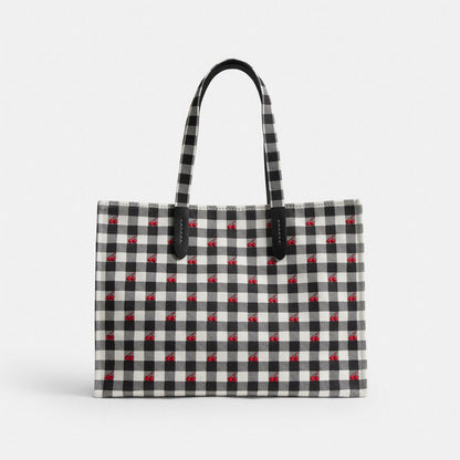 Coach Tote Bag With Gingham Print Gold Black Multi