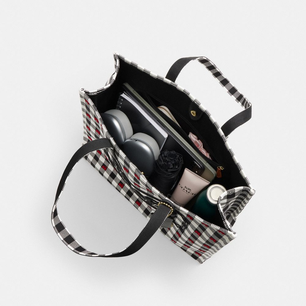 Coach Tote Bag With Gingham Print Gold Black Multi