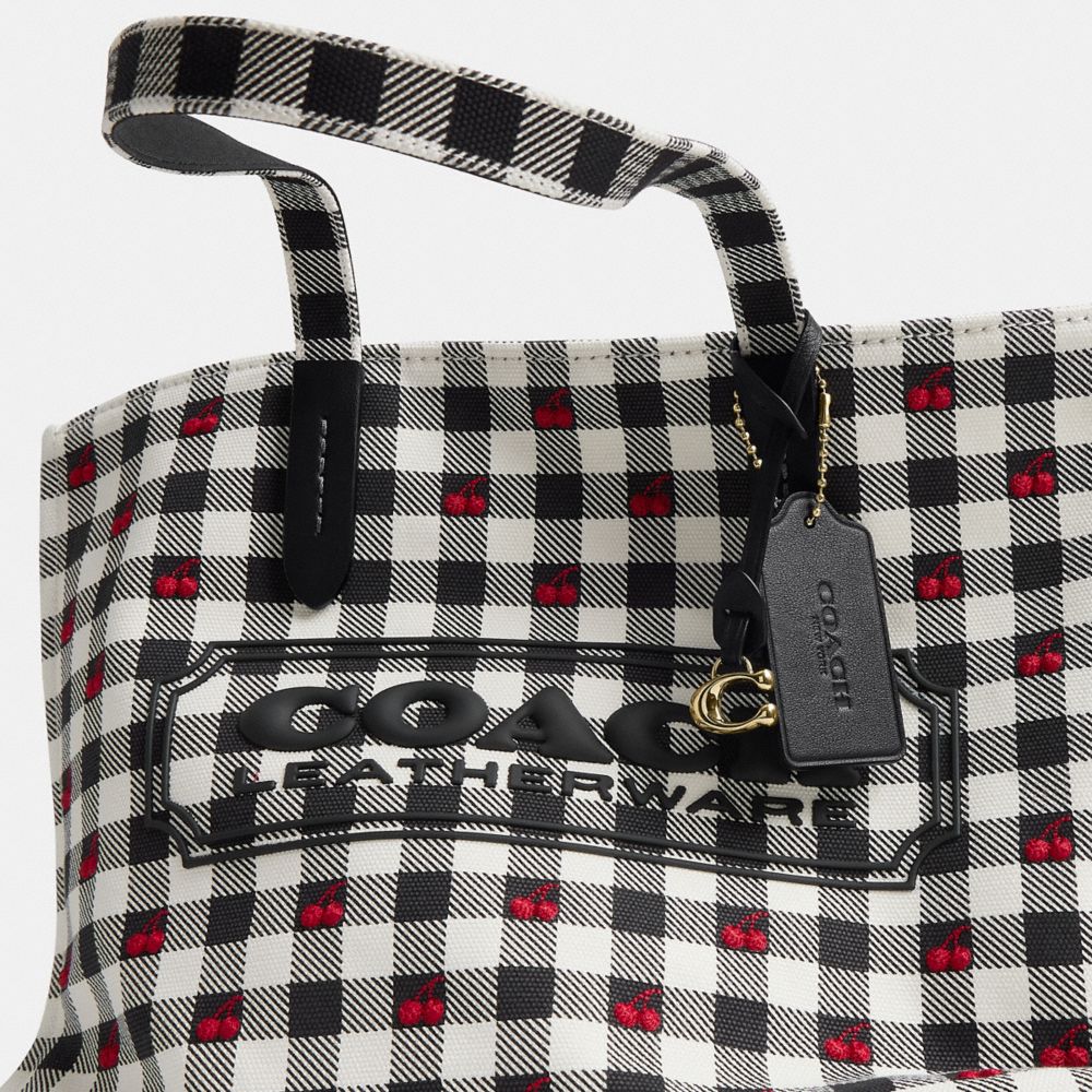 Coach Tote Bag With Gingham Print Gold Black Multi