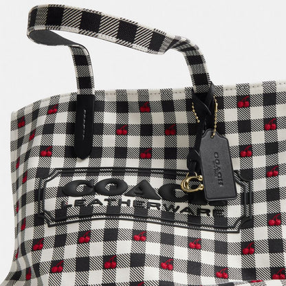 Coach Tote Bag With Gingham Print Gold Black Multi