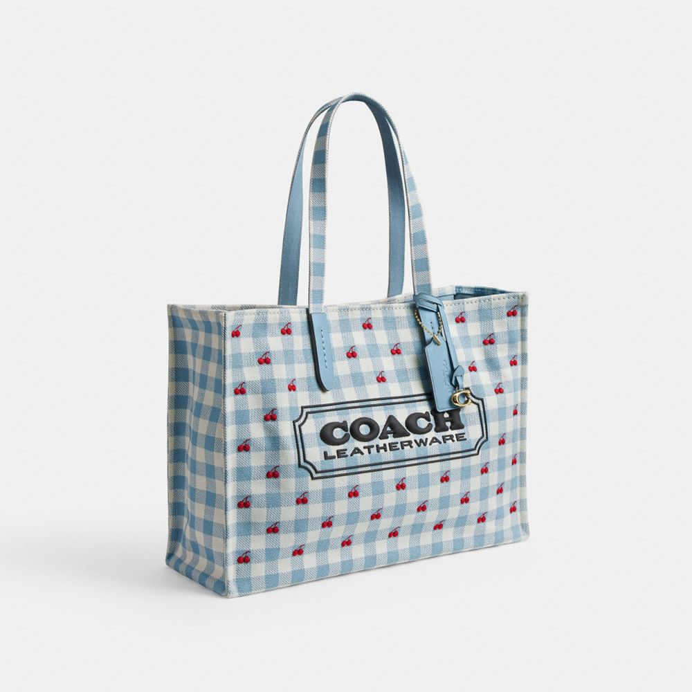 Coach Tote Bag With Gingham Print Gold Blue Multi