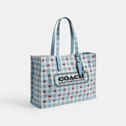 Coach Tote Bag With Gingham Print Gold Blue Multi