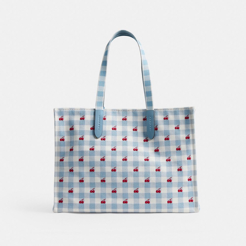 Coach Tote Bag With Gingham Print Gold Blue Multi
