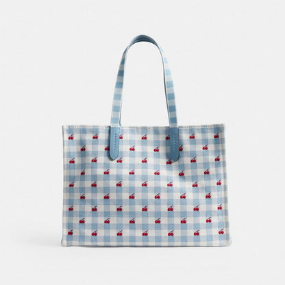 Coach Tote Bag With Gingham Print Gold Blue Multi