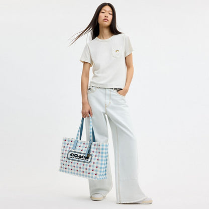 Coach Tote Bag With Gingham Print Gold Blue Multi