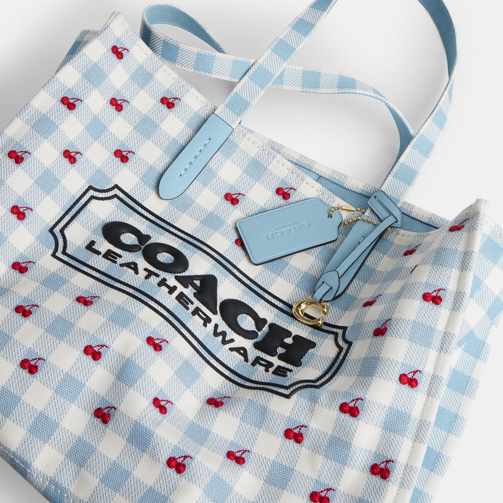 Coach Tote Bag With Gingham Print Gold Blue Multi