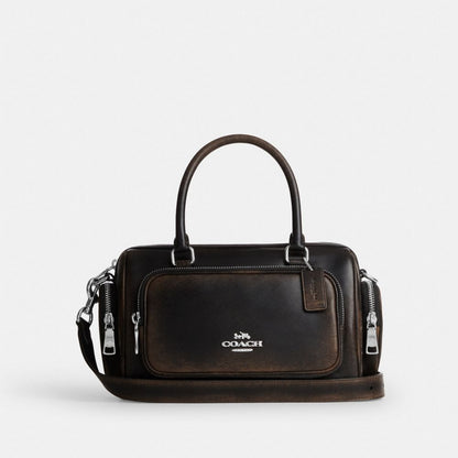 Coach Rowan Satchel Bag With Pockets In Loved Leather Silver/Black Brown