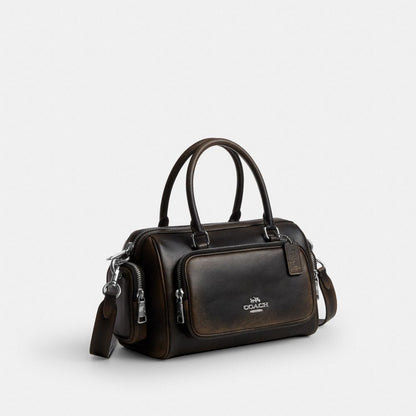 Coach Rowan Satchel Bag With Pockets In Loved Leather Silver/Black Brown