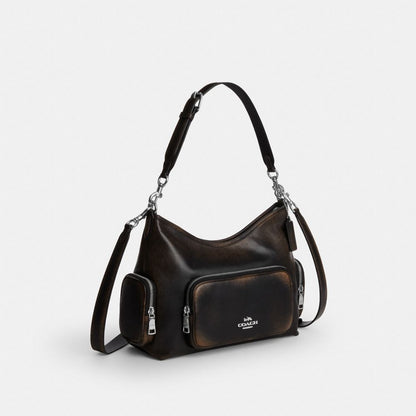 Coach Laurel Shoulder Bag With Pockets In Loved Leather Silver/Black Brown