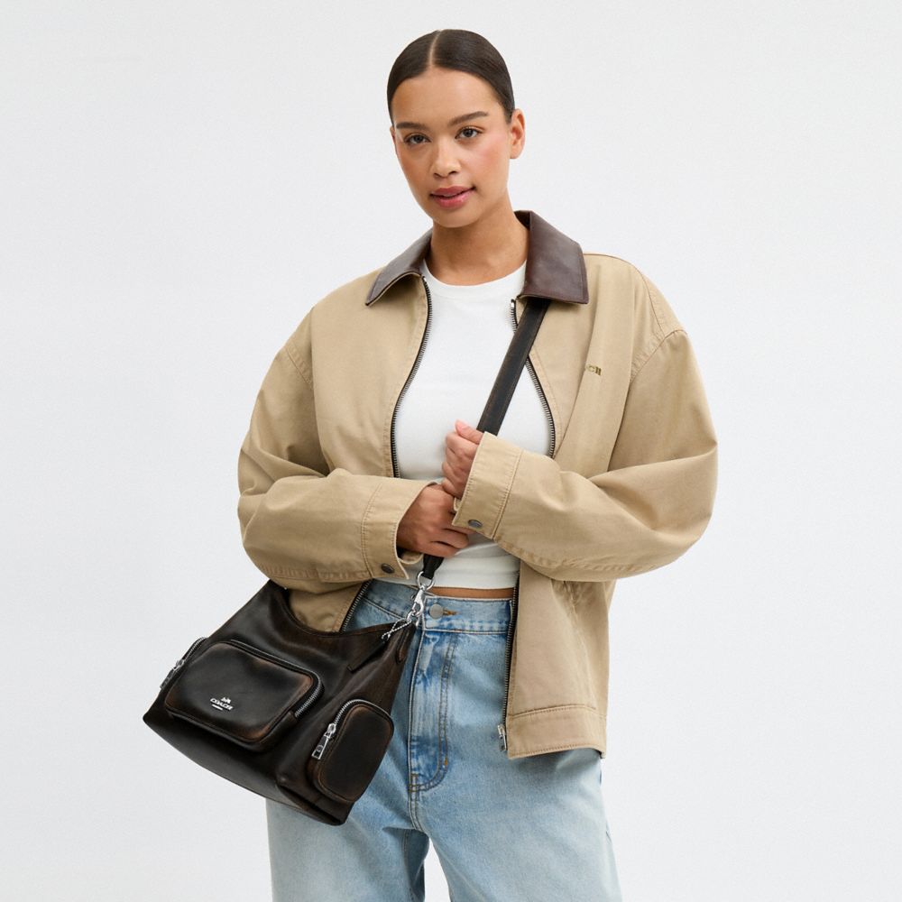 Coach Laurel Shoulder Bag With Pockets In Loved Leather Silver/Black Brown