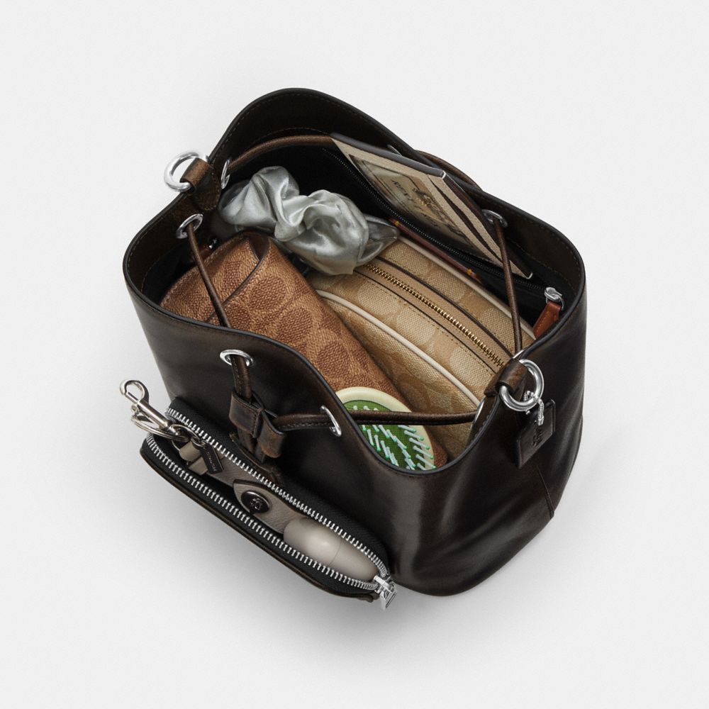 Coach Rowan Bucket Bag With Pocket In Loved Leather Silver/Black Brown
